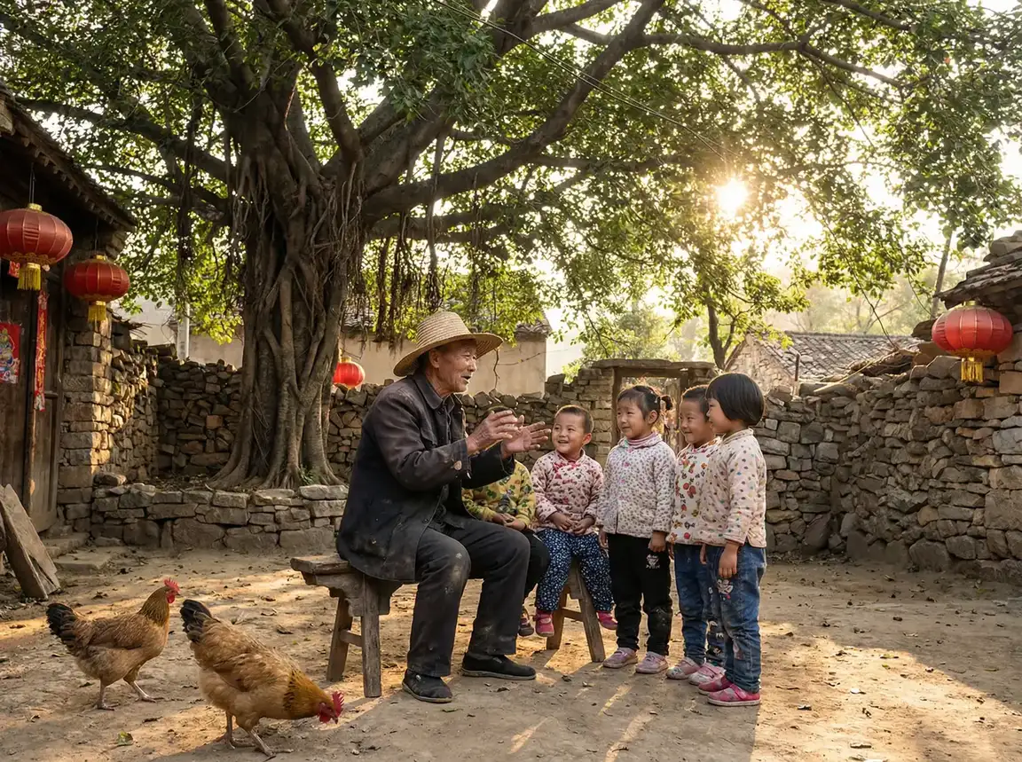 老人在大榕树下给孩子们讲故事 - 我年轻漂亮的继坶8 乡村记忆
